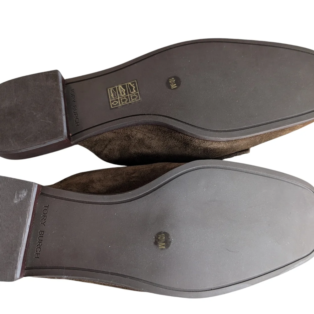 Tory Burch Brown Suede Logo Buckle Mules